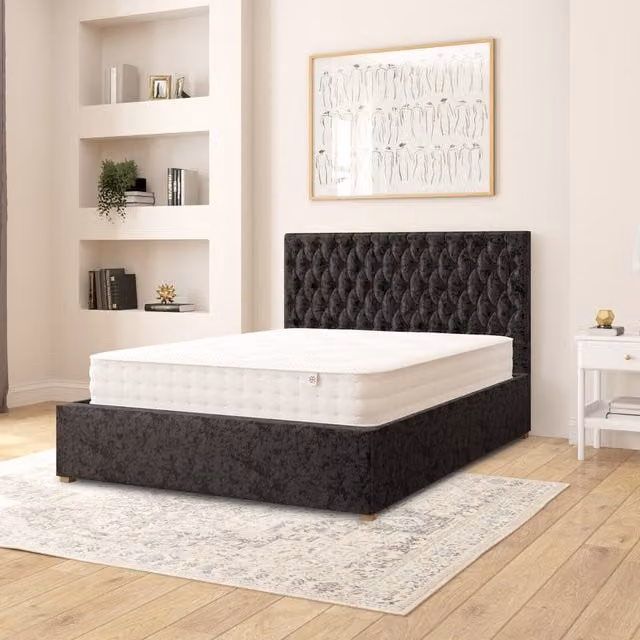 Aspire Monroe Black Velvet Upholstered Ottoman Storage Bed, W/D/H: 140 x 200 cm