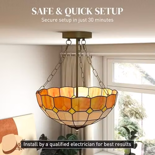 HOMCOM Vintage Tiffany Style Ceiling Light, Multicolour Glass and Copper Chandelier, Diameter: 34 cm – 3
