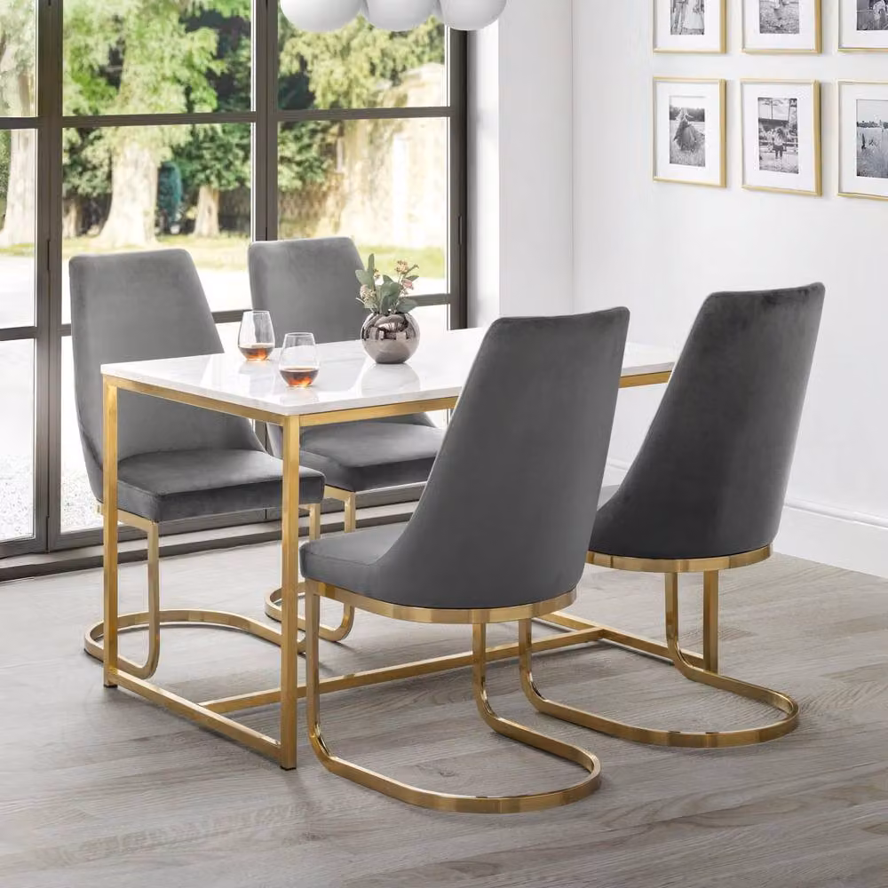Cheshire Westbridge Set of 2 Elegant Grey Velvet Cantilever Dining Chairs with Gold Metal Base – 4