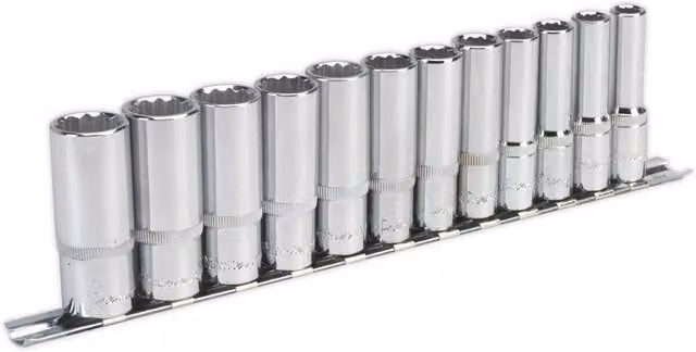 Loops 12 Piece Metric Deep Socket Set, 3/8 Inch Square Drive, 12 Point WallDrive Torque, Chrome Vanadium Steel, Silver and Multicolour