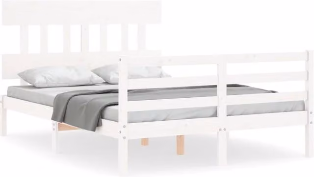 Berkfield Home Solid Wood Pine Bed Frame with Headboard in White, W/D/H: 140 x 190 cm