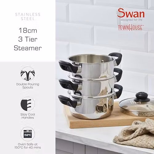 Swan Townhouse 18cm 3 Tier Stainless Steel Steamer with Glass Lid in Silver – 2