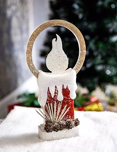 Shatchi Red and Silver Pre-Lit Christmas Glitter Foam Snow Covered Candle Table Decoration, Height: 41.5 cm – 2