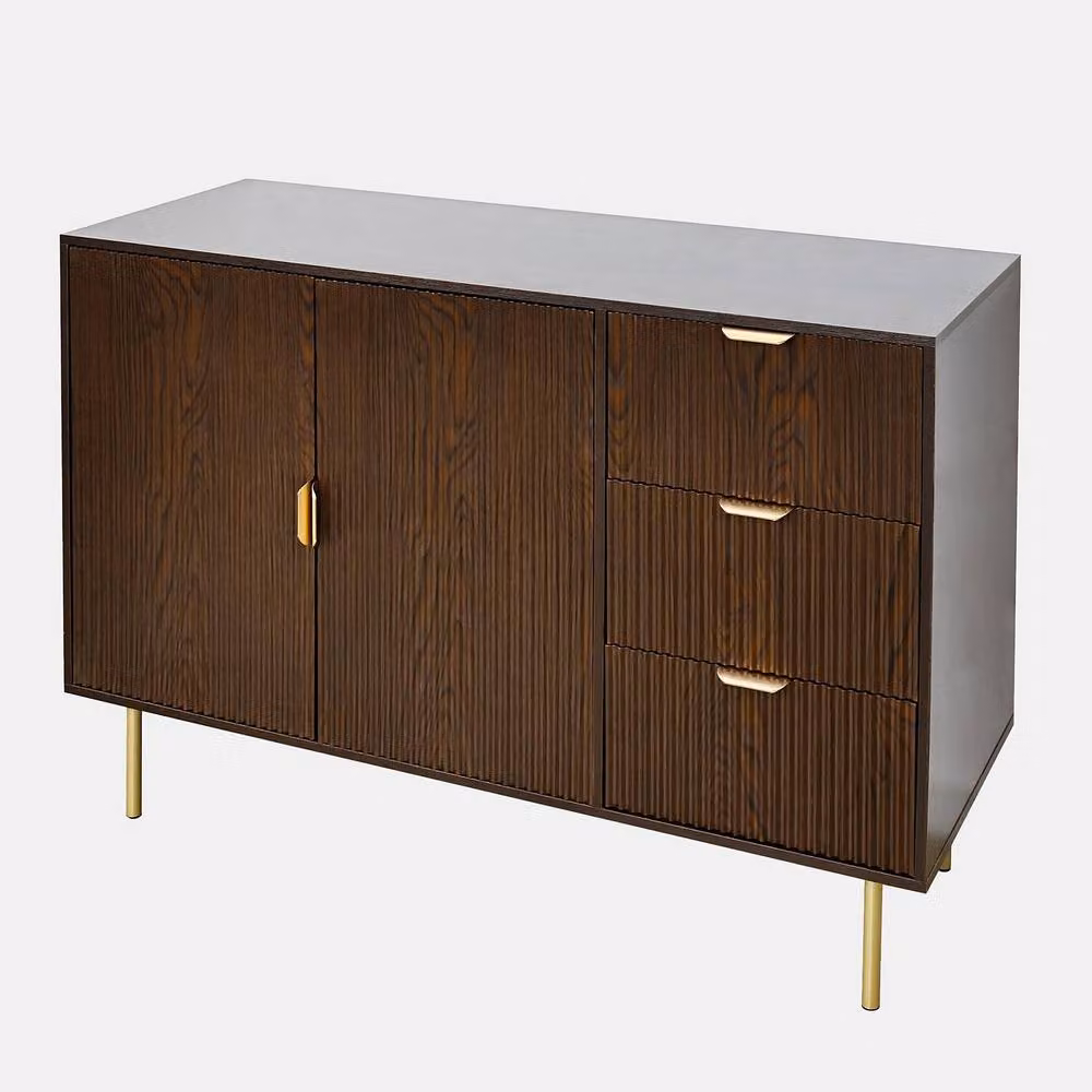 OHS Modern Ribbed Sideboard Cabinet with Drawers and Shelves in Brown Walnut Finish – 2
