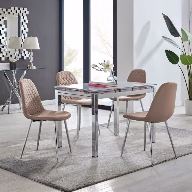 FurnitureboxUK Enna White Glass Extending Rectangular Dining Table and 4 Corona Silver Leg Chairs in Cappuccino