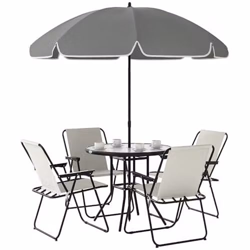 Outsunny 6 Piece Modern Garden Furniture Set with Round Glass Table and 6 Folding Chairs in White and Beige – 1