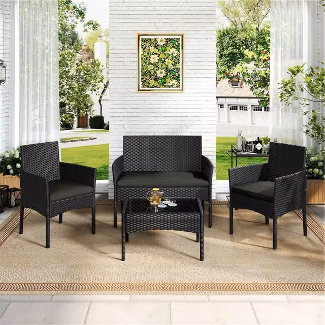 Yaheetech Modern Black and Grey Rattan Outdoor Reception Table and Chair Set with Glass Top