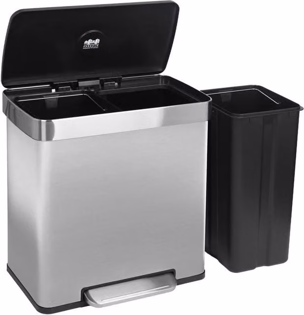 VOGREX 60L Double Pedal Recycling Bin in Brushed Stainless Steel, Metallic Silver