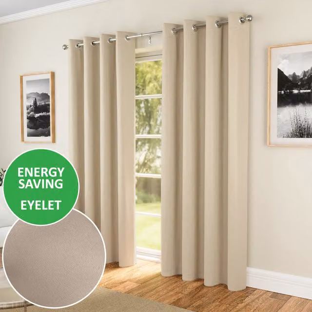Enhanced Living Pair of Supersoft Plain Thermal Eyelet Curtains, Beige/Brown, W: 137 cm, H: 168 cm