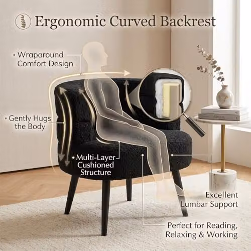 Alivio Black Bouclé Sherpa Tub Chair with Armrests and Rubberwood Legs – 3