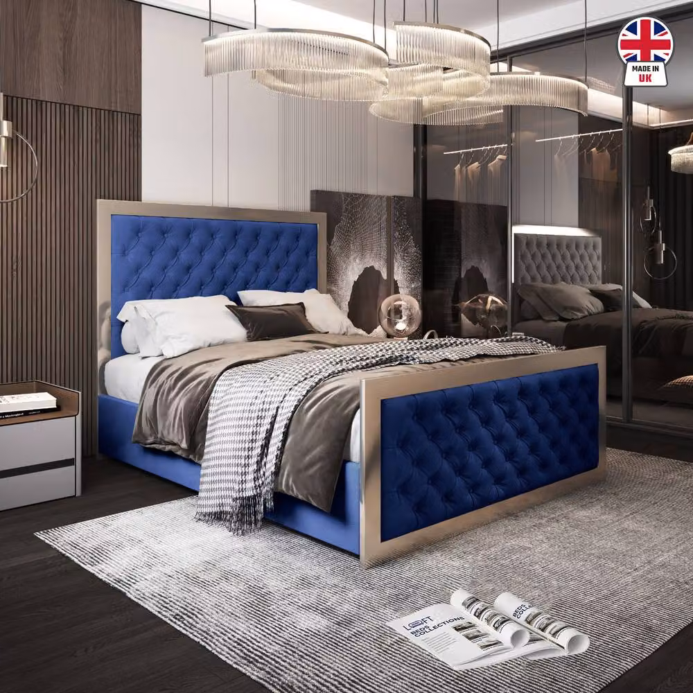 KDMD Meopham Blue Velvet Upholstered Metal Designer Bed Frame with Lift Up Base, W/D/H: 140 x 200 cm – 3