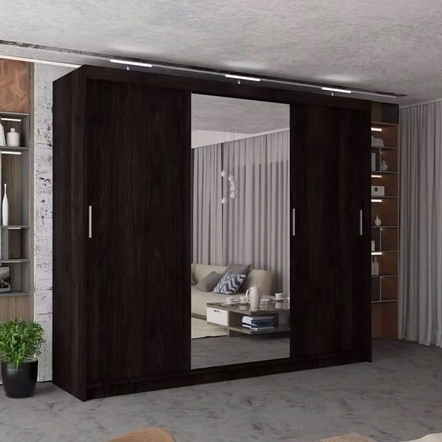 MN Furniture Modern 3 Door Sliding Wardrobe with LED Lighting, Mirror and Internal Drawers, Brown, Width: 250 cm