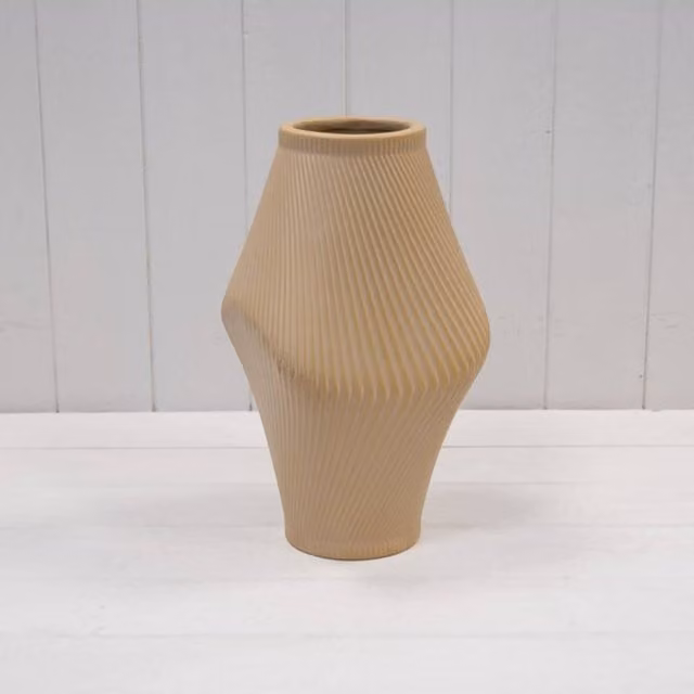 KDMD Modern Beige Sculptural Ribbed Ceramic Tabletop Vase