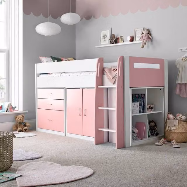 Bedmaster Lacy Storage Mid Sleeper Bed with Memory Foam Mattress, Pink, Single, W/D/H: 90 x 190 x 117 cm