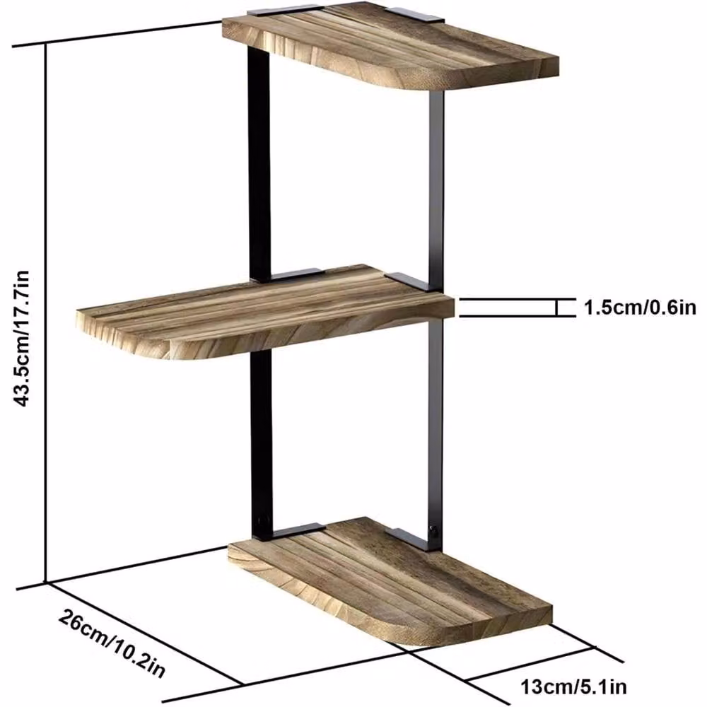Nordara 3 Tier Rustic Wooden Corner Wall Mounted Shelf in Black – 2