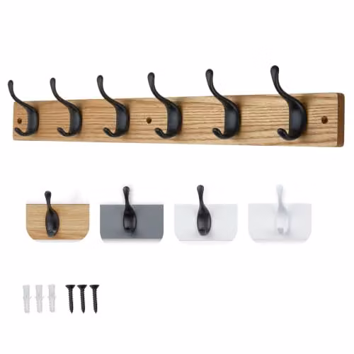 Keypak 6 Matte Black Coat Hooks with Ash Effect Wood Board, Width: 68 cm – 1