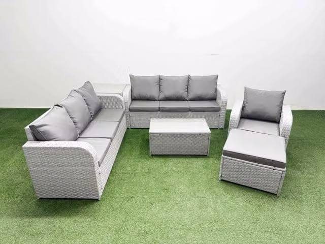 Fimous 8 Seater Poly Rattan Garden Furniture Set in Light Grey with 3 Seater Sofa, Reclining Chairs, Ottoman and Side Table