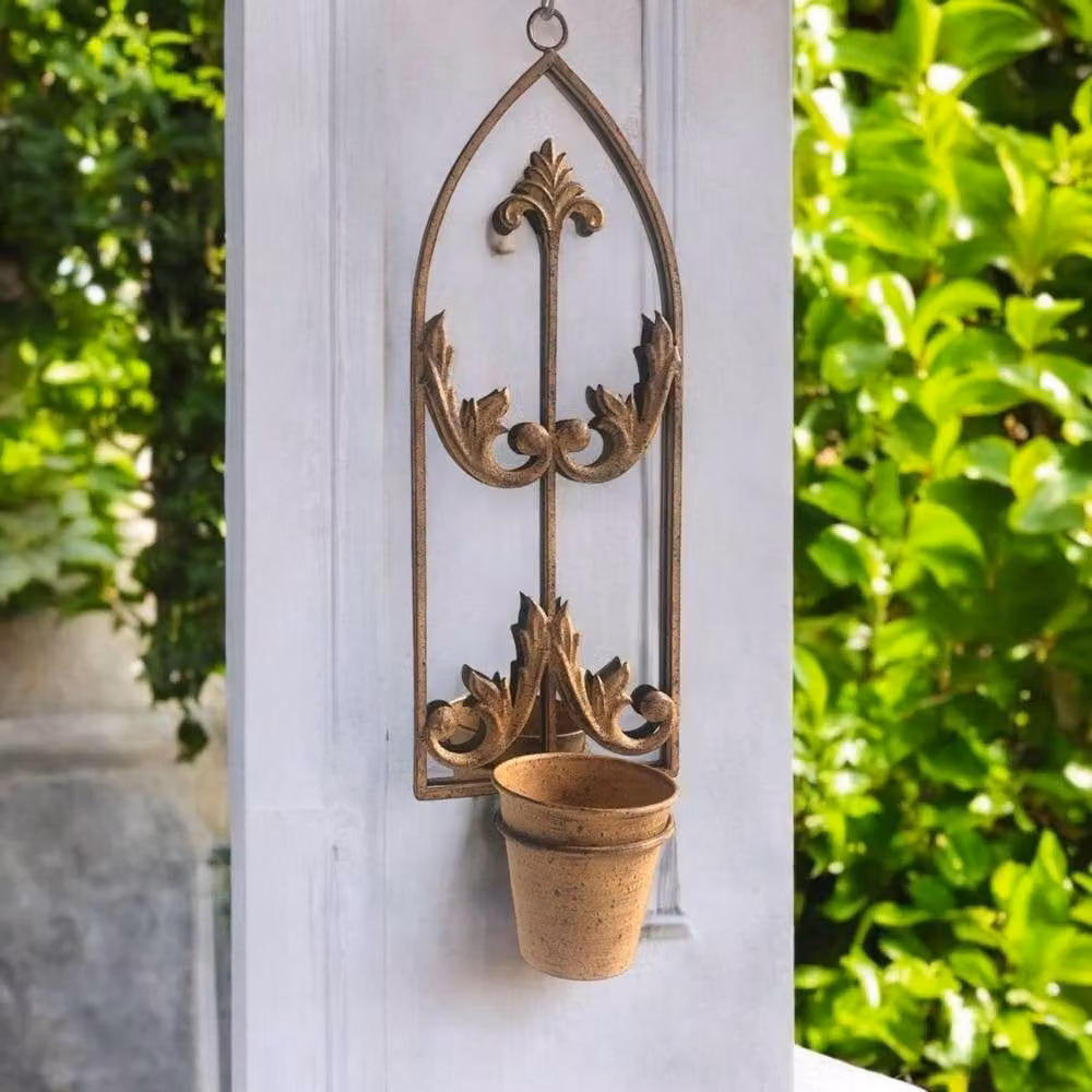 Minster Metal Wall Mirror with Single Planter in Rusty Brown, H60 x W20 x D15 cm – 2