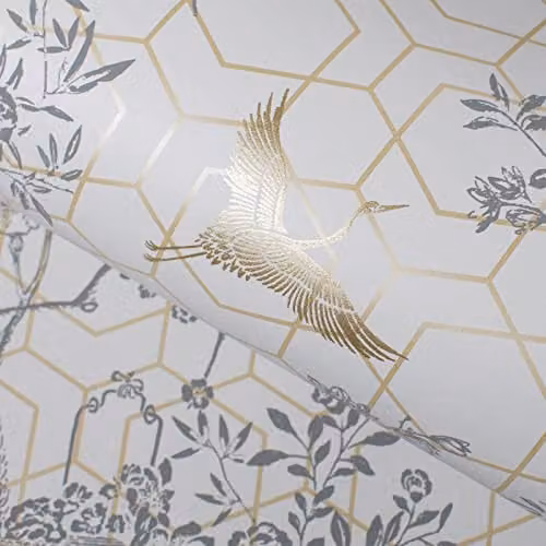 Muriva Lipsy Himara Modern Floral Wallpaper with Birds and Gold Geometric Print in Grey and Gold
