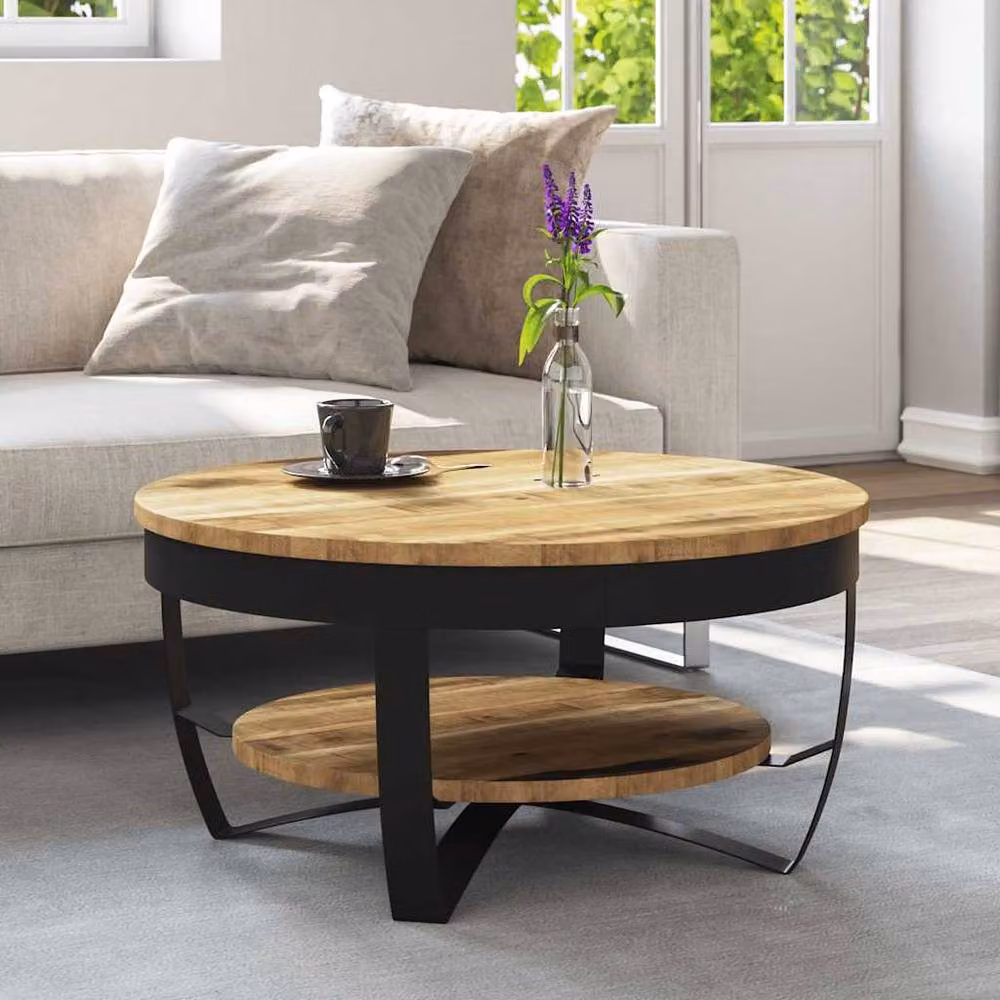Berkfield Home Round Coffee Table in Brown Solid Rough Mango Wood W: 65 cm, D: 32 cm – 1