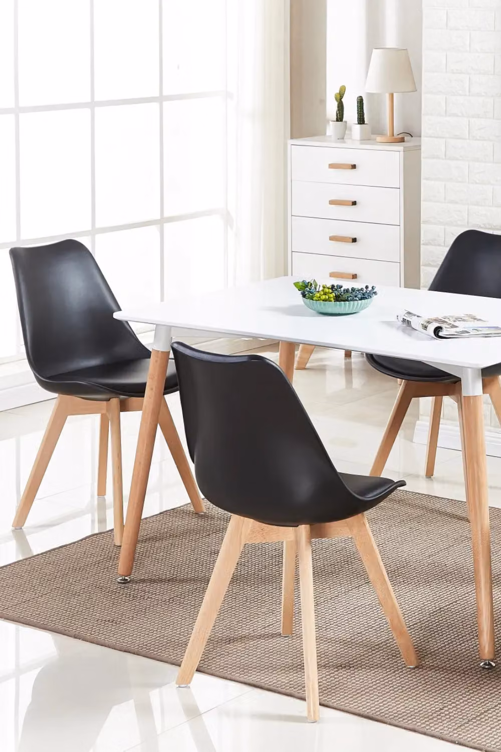 Life Interiors Set of 2 Scandinavian Dining Chairs with Black Synthetic Leather Cushions and Solid Wood Legs – 7