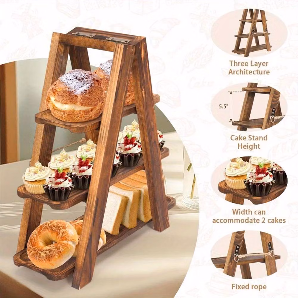 Ventryn Tiered Dessert Stand and Rectangular Serving Tray in Brown Solid Wood – 4