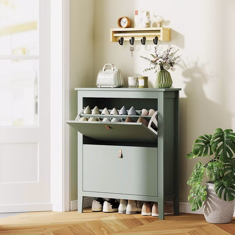 HOMCOM Modern Green 2 Drawer Shoe Cabinet with Tilting Compartments for Hallways – 2