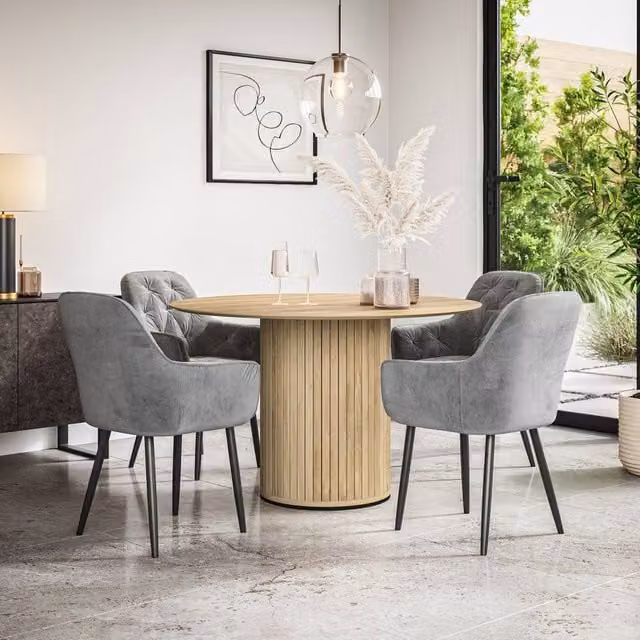 More4Homes Arlo Oak Round Dining Table and Anika Grey Velvet Dining Chairs Set of 4, W/D/H: 120 x 120 x 75 cm