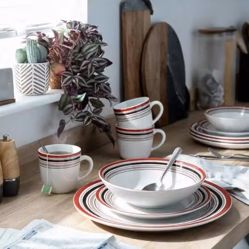 Waterside Brompton 12-Piece Burgundy and White Striped Porcelain Dinner Set – 4