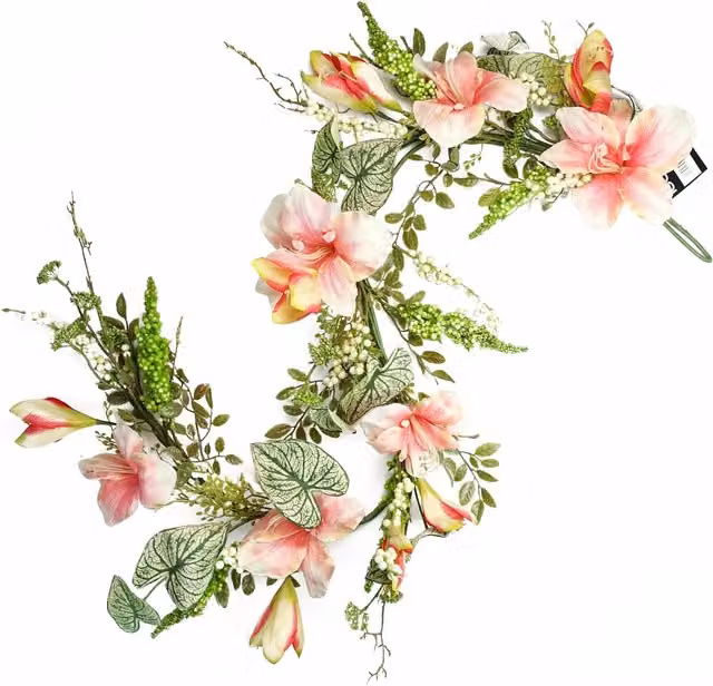 Realistic Pink Artificial Hanging Lily Plant with Floral Foliage Garland