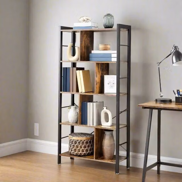 Modcraft 5 Tier Industrial Bookshelf in Brown with 9 Shelves – 5