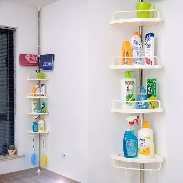 FORGEVIO 4 Tier Non Rust White and Silver Telescopic Corner Bathroom Shelf with Adjustable Shelves and Hanging Rod, W: 180 cm, H: 180 cm