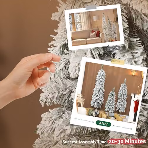 HOMCOM Set of 3 Flocked Slim Downswept Christmas Trees in White and Green, H: 91 cm, H: 122 cm, H: 152 cm – 5
