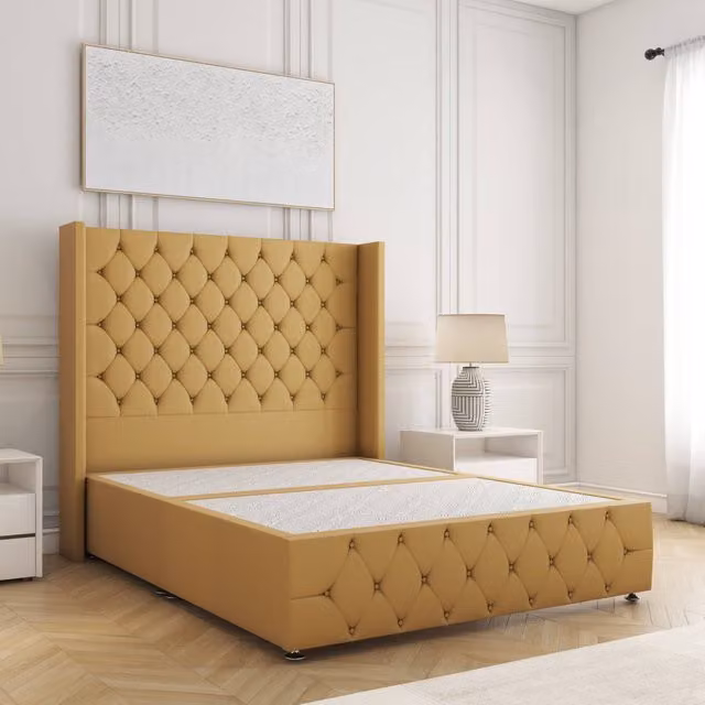 BSSPOKE Ruby Divan Bed with 54 inch Chesterfield Headboard in Mustard Yellow Plush Velvet, Size: Double (W/D/H: 140 x 200 cm)