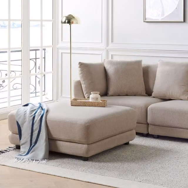 Wyld and Coco Beige Polyester Upholstered Rectangular Ottoman Footstool – 1