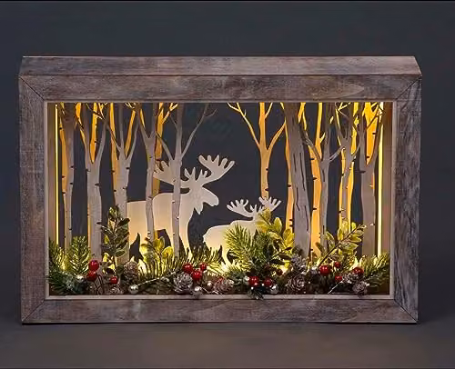 Shatchi Rustic Wooden Christmas Reindeer Tabletop Scene with LED Lights, Brown, W: 45 cm, D: 8.5 cm, H: 29 cm – 2
