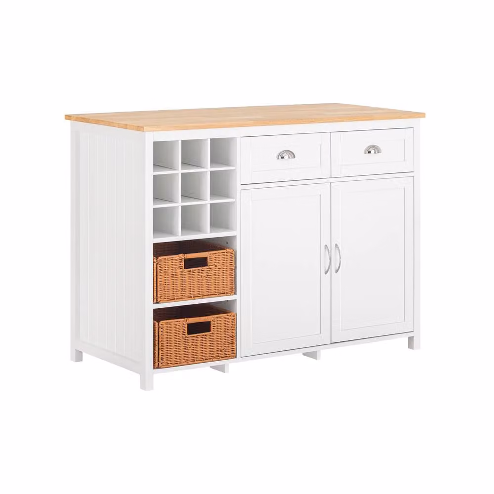SoBuy Modern Kitchen Island with Natural Wood Top and White Rattan Baskets – 2