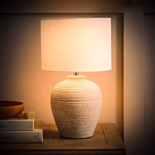 SPETLEK Ceramic Table Lamp with Beige Linen Drum Lampshade and LED Bulb – 1