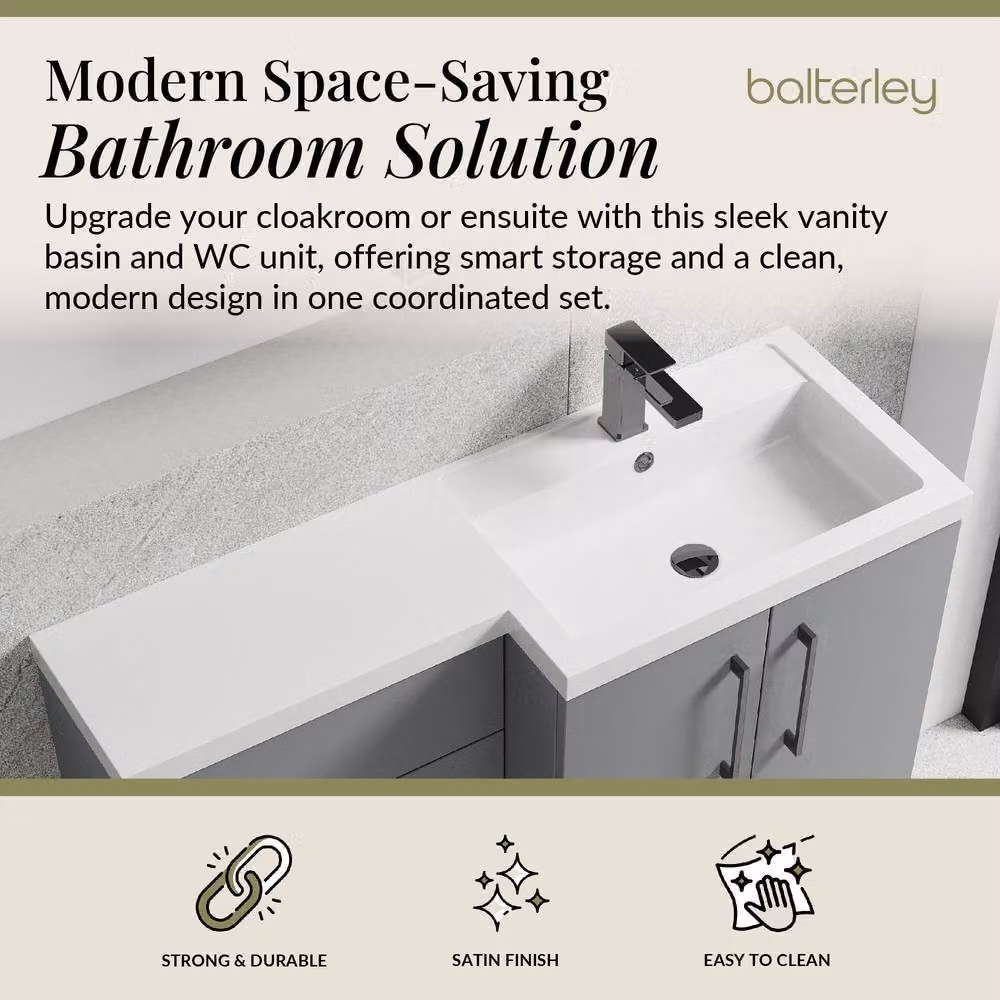 Balterley Modern Satin Grey Right-Hand Vanity and WC Unit Combination with Soft-Close Hinged Doors, Width: 110 cm – 2