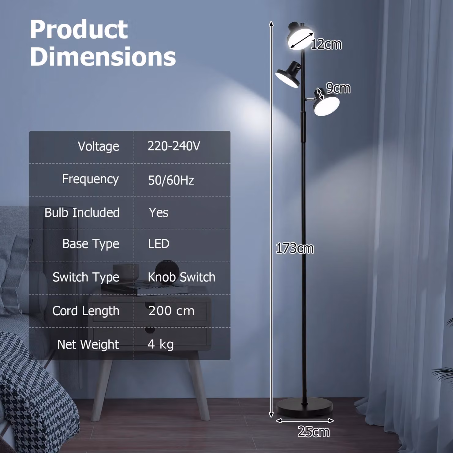 Costway Modern 3-Light LED Floor Lamp in Black with Adjustable and Dimmable Heads, H 173 cm x W 25 cm x D 25 cm – 5