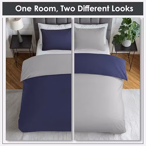 Voltico Reversible Microfibre Duvet Cover and Pillowcase Set in Blue and Grey – 3