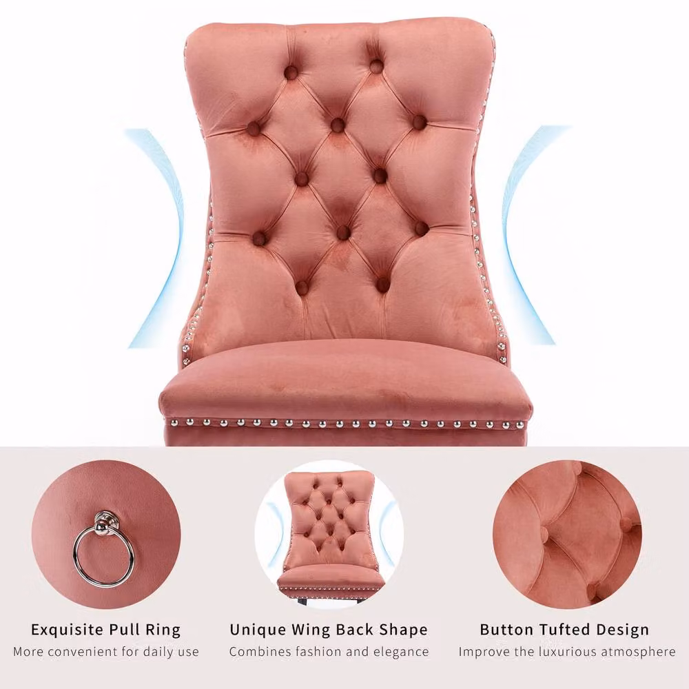 HomeTouch Romsey Set of 6 Pink Velvet Upholstered Dining Chairs with Oak Legs and Knocker Ring Back – 5