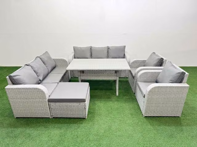 Fimous PE Rattan High Back Lounge Sofa Set with 3 Seater Sofa, Reclining Chair, Big Footstool and Rectangular Dining Table in Light Grey
