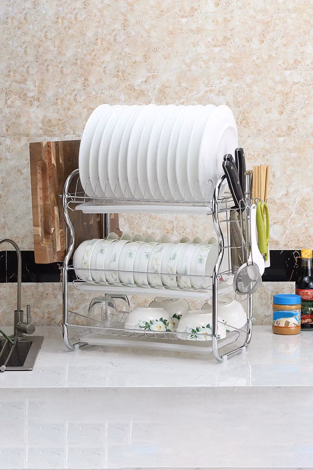 Living and Home 3 Tier Stainless Steel Dish Drainer Rack with Drip Tray and Utensil Hooks in Silver – 2