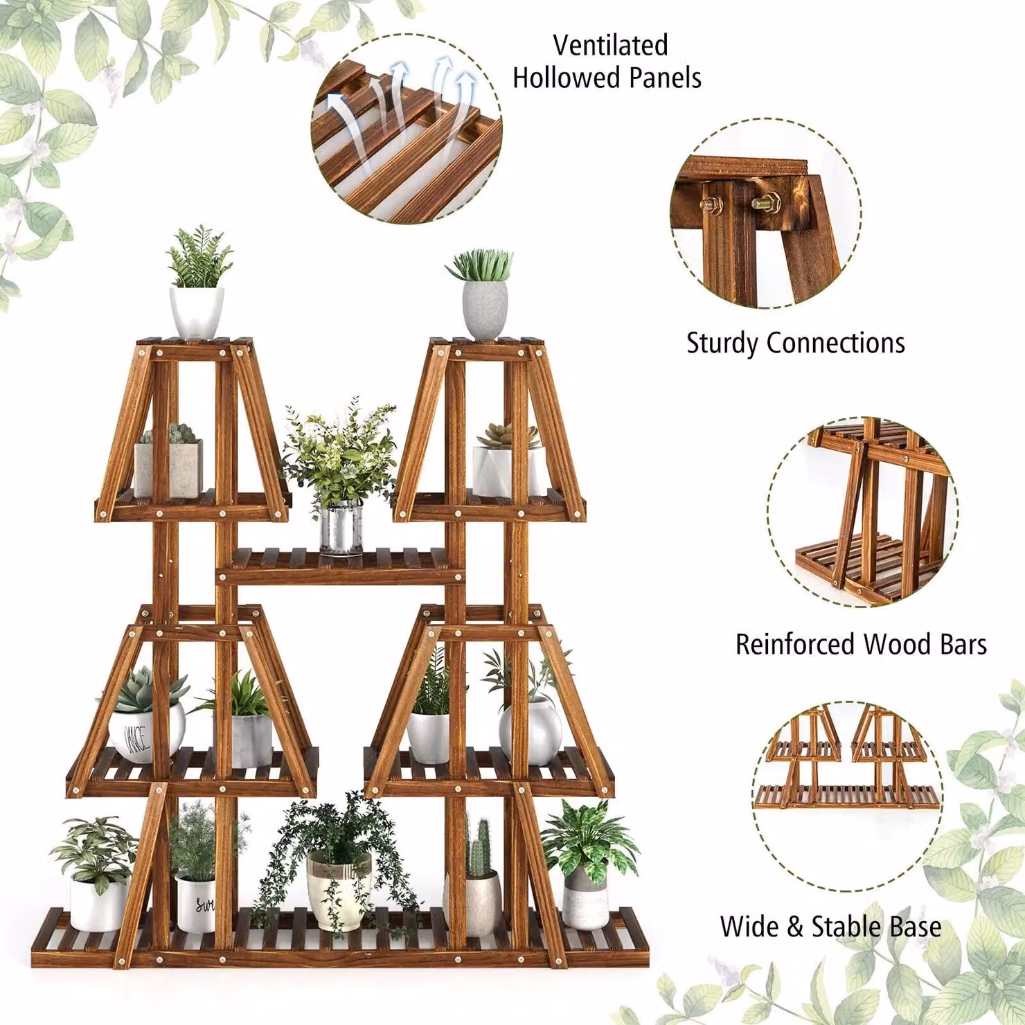 Costway 5-Tier Wood Plant Stand in Brown, Ladder Style Flowerpot Holder for 10 Pots – 4