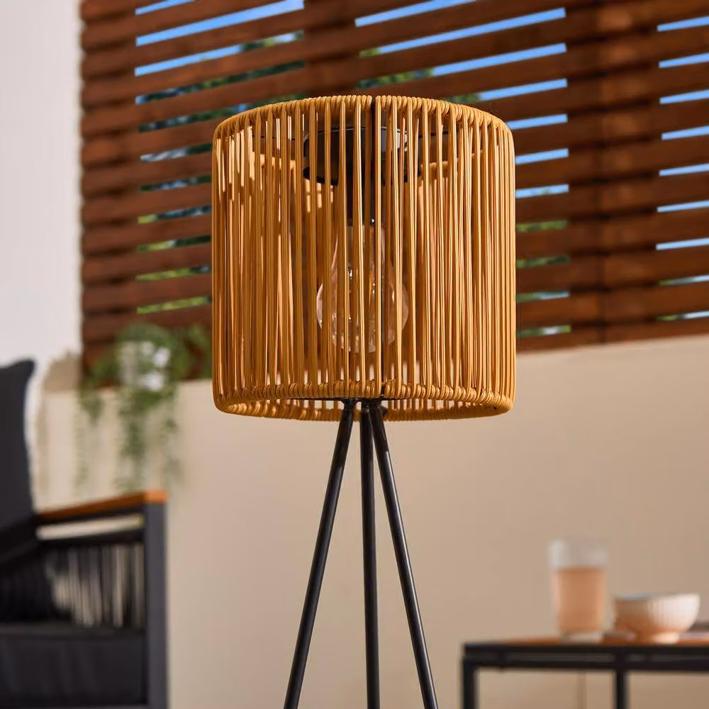 OHS Rattan Solar Floor Lamp in Natural Wood and Black with Dusk Sensor for Garden, Balcony and Terrace – 6