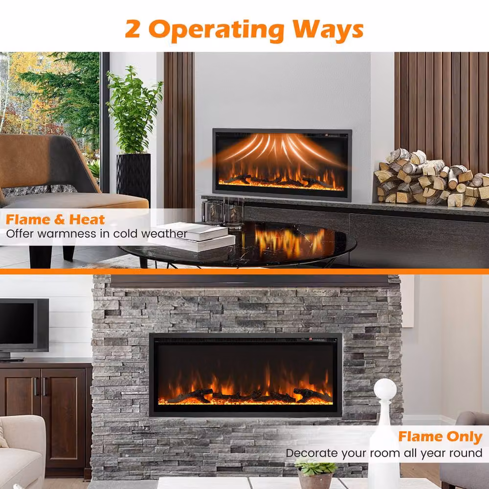 Gymax 42 Inch Electric Linear Fireplace Insert with Remote Control in Black – 7