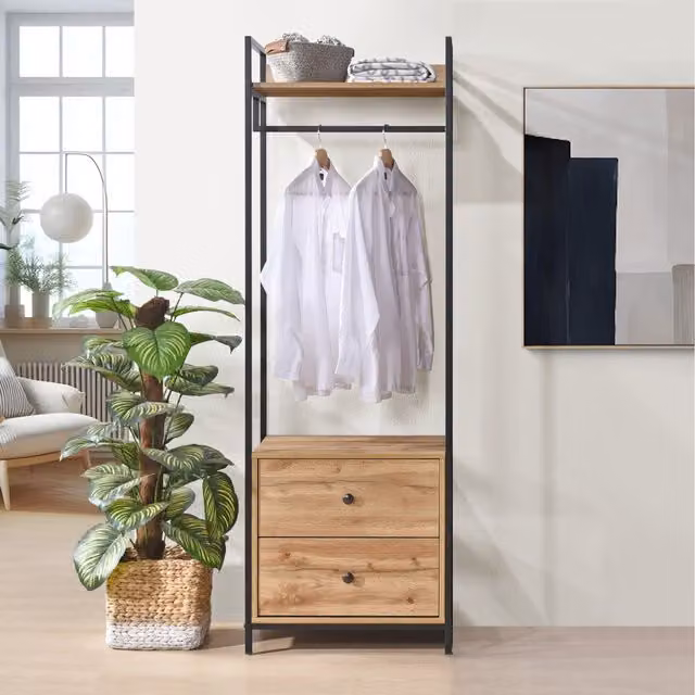 Swish Furniture Alva Open Wardrobe with 2 Drawers in Oak and Black Industrial Style