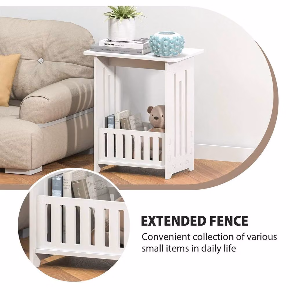 KORVIXA Slim Coffee Side Table and Newspaper Magazine Shelf in White, Height: 90 cm – 2
