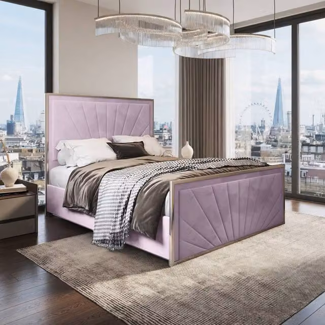 Casani Somerton King Size Upholstered Velvet Bed Frame in Pink with Metal Details, W/D/H: 180 x 200 cm – 1